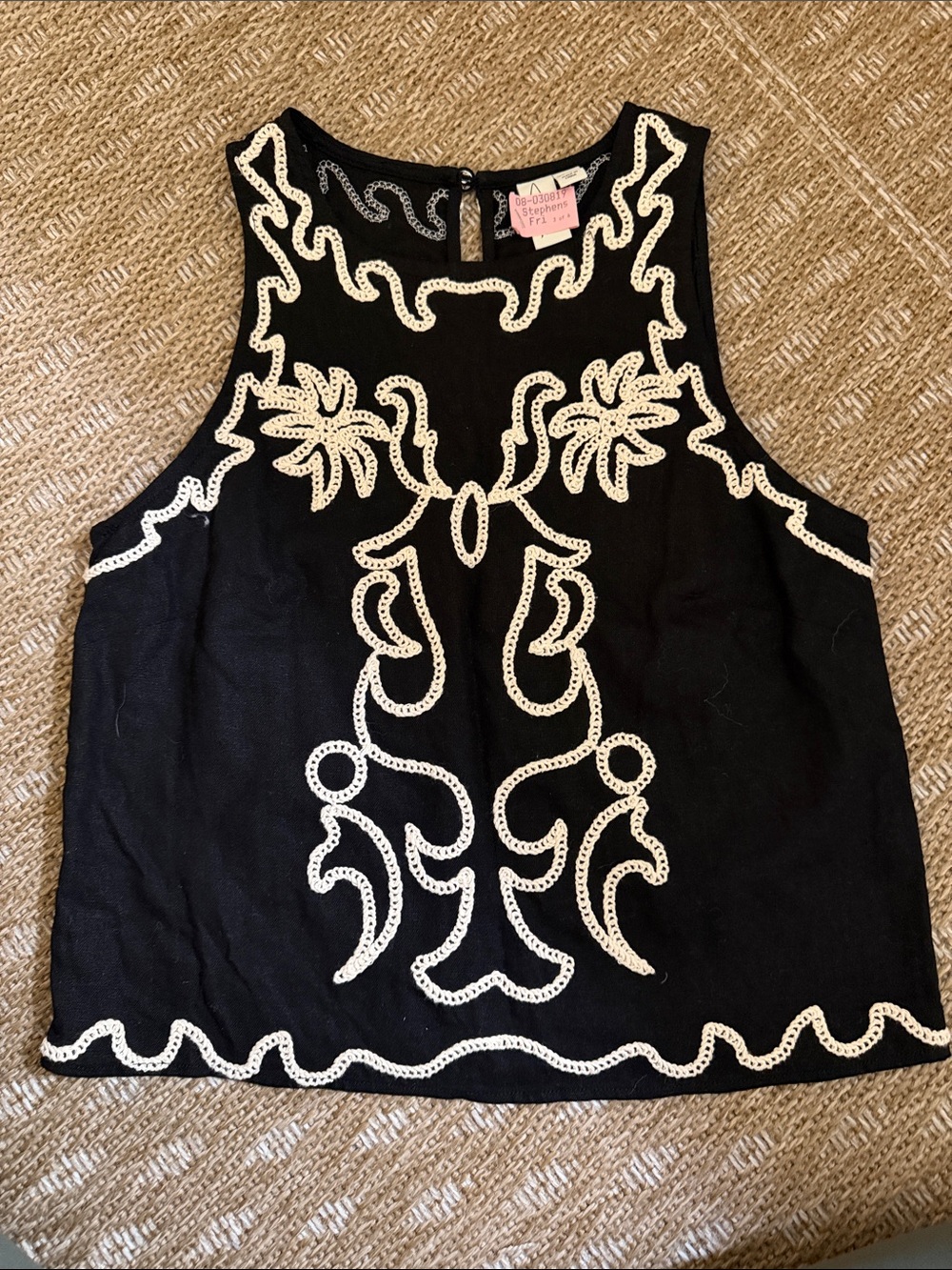 Anthropologie Black Tank with Cream Embroidery